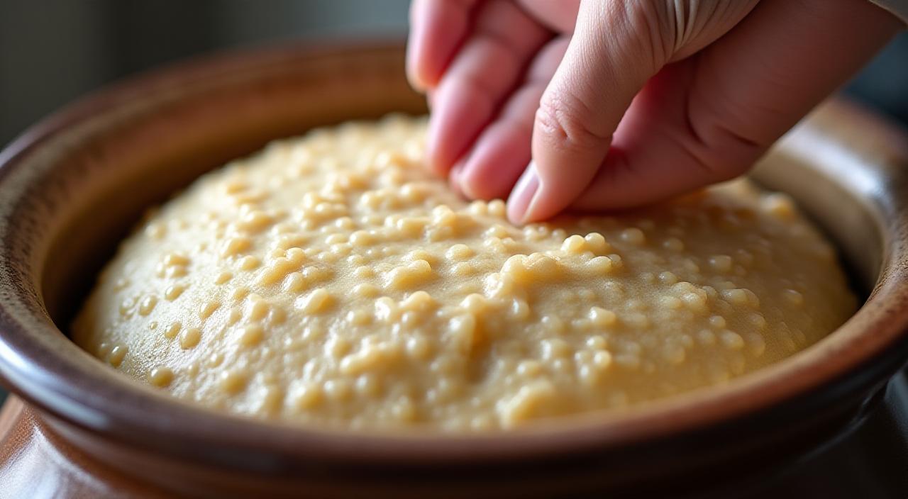 Mastro panificatore che rinfresca un lievito madre rigoglioso