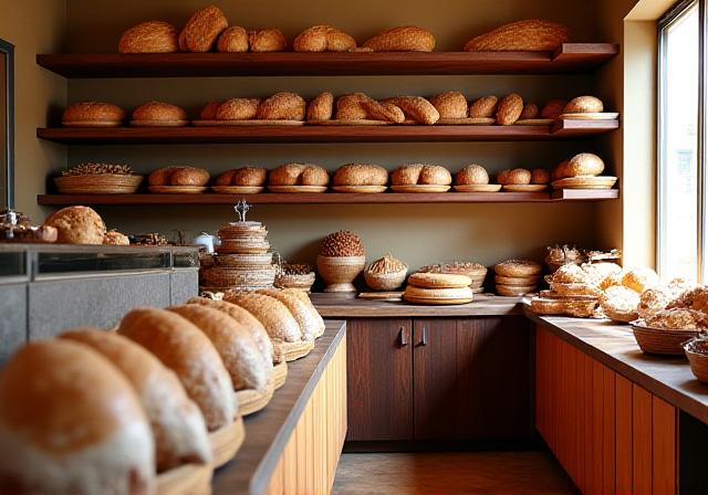 Interno accogliente del panificio Winterwheat con pane appena sfornato