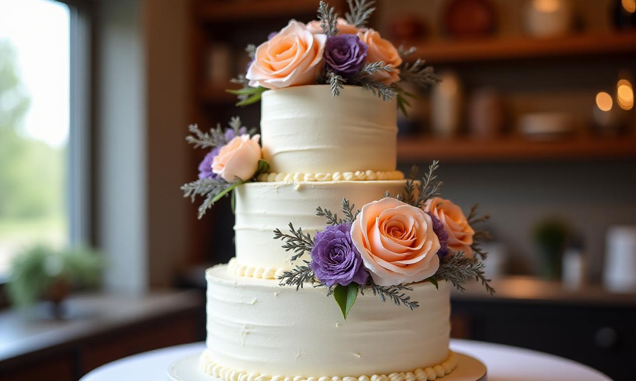Torta nuziale artigianale elegante con fiori freschi